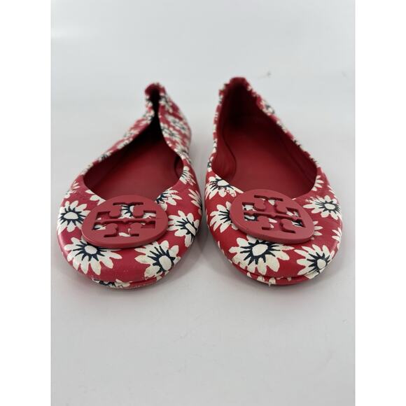 Tory Burch Minnie Travel Flats Womens 9M Red White Ballet Floral Leather Slip On - Picture 4 of 11